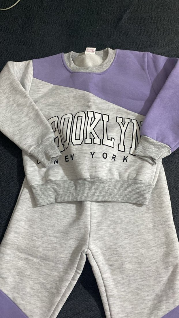 Mor Gri Baskılı Bol Kesim Kız Eşofman Takımı - Görsel 2