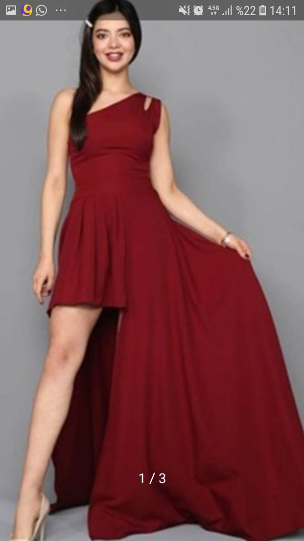 Bordo Drapeli tek Omuzlu Uzun Abiye Elbise Moda Lens - Görsel 2