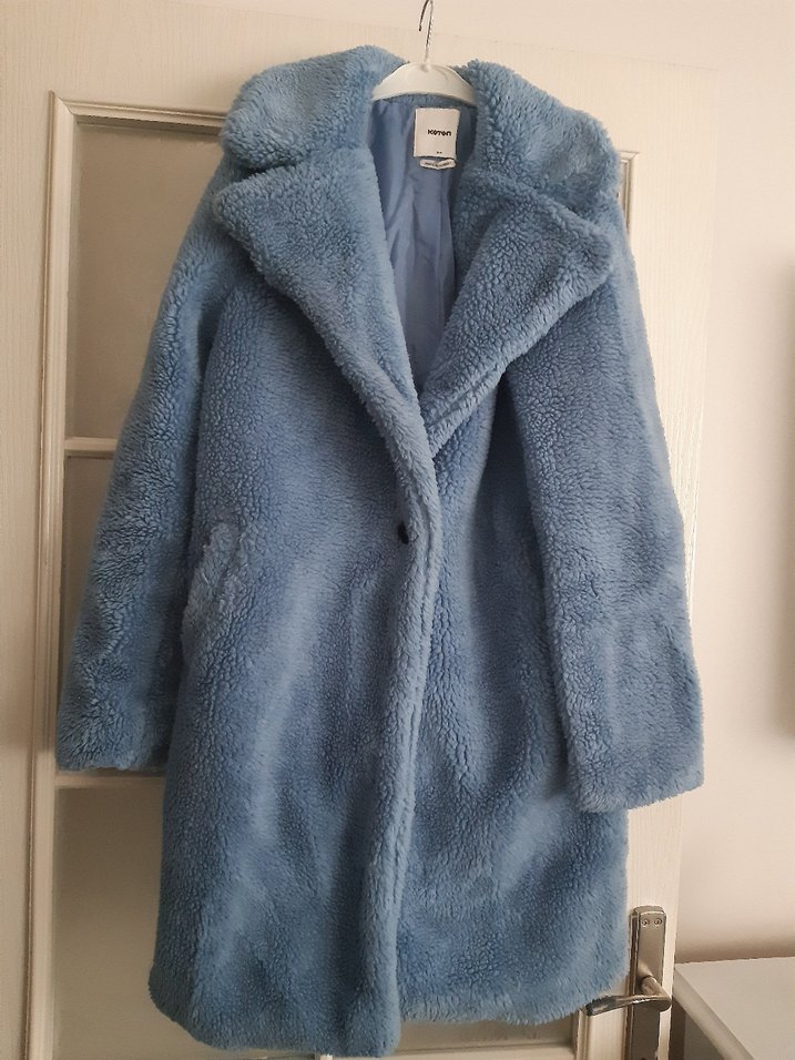 Mavi Peluş Detaylı Midi Kadın Kaban - Görsel 2