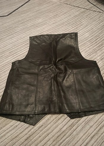 Düğmeli Siyah Deri Biker Yelek - Görsel 2