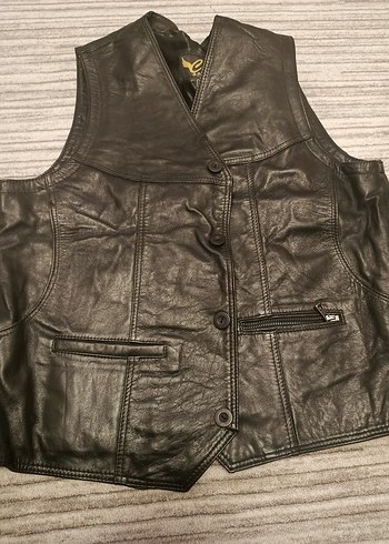 Düğmeli Siyah Deri Biker Yelek - Görsel 8