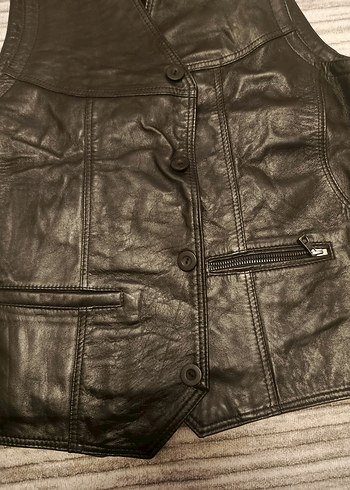 Düğmeli Siyah Deri Biker Yelek - Görsel 7
