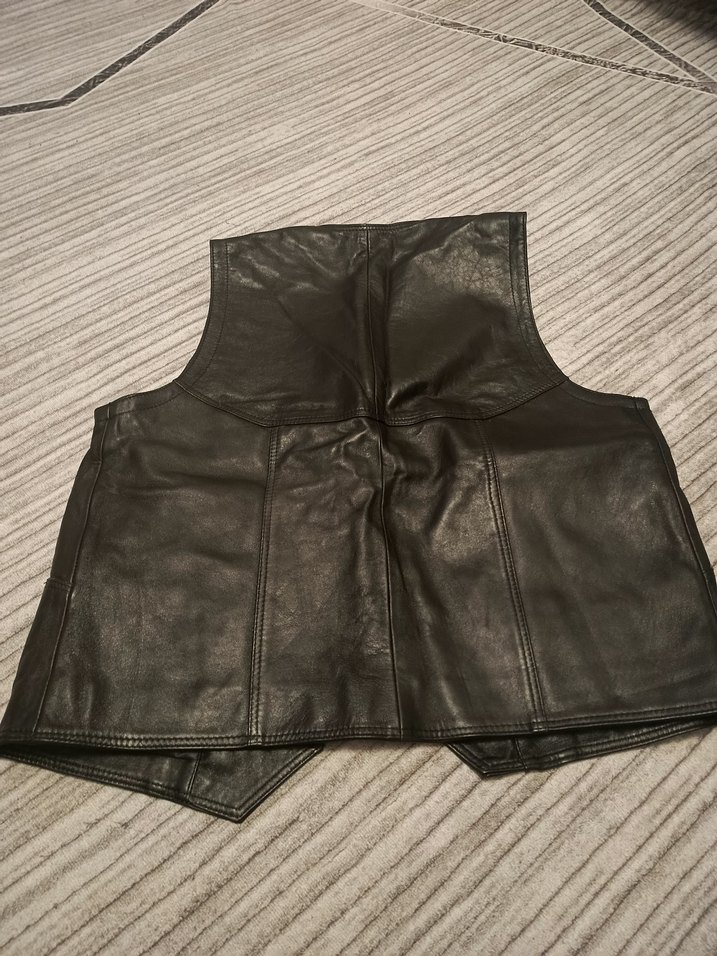 Düğmeli Siyah Deri Biker Yelek - Görsel 2