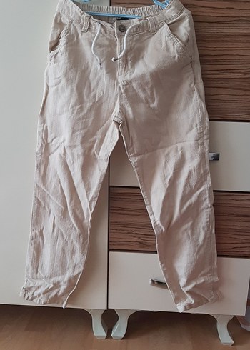 Bej Keten Erkek Çocuk Bol Kesim Pantolon