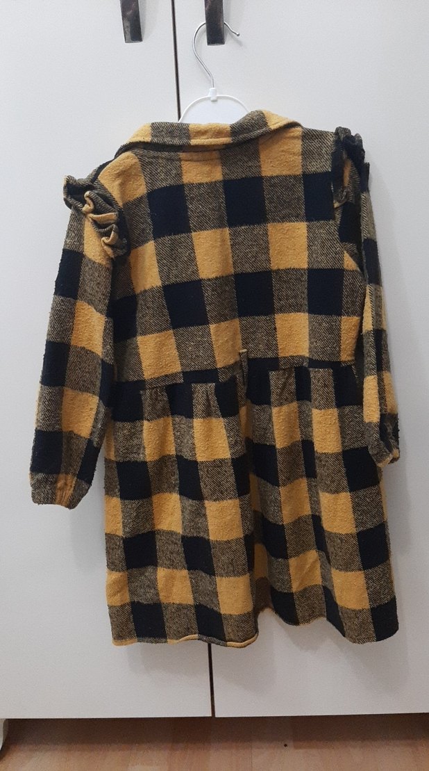 Sarı Ekose Düğmeli Kız Elbise - Görsel 2