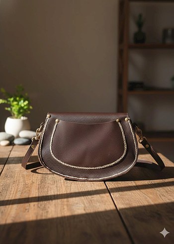 Kahverengi Nakışlı Bohem Kadın Deri Çanta - Görsel 2