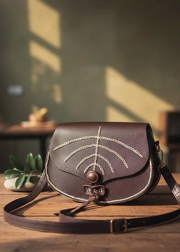 Kahverengi Nakışlı Bohem Kadın Deri Çanta - Görsel 4