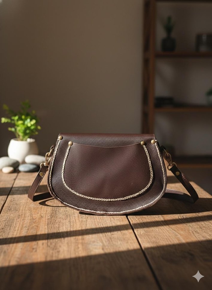 Kahverengi Nakışlı Bohem Kadın Deri Çanta - Görsel 2