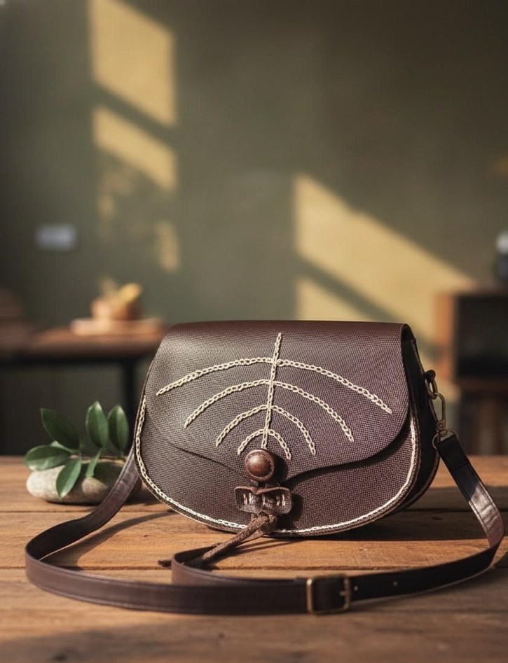 Kahverengi Nakışlı Bohem Kadın Deri Çanta - Görsel 4