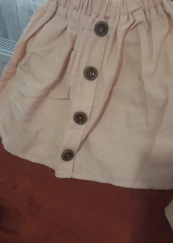 Düğmeli Bej Keten Kız Çocuk Etek - Görsel 3