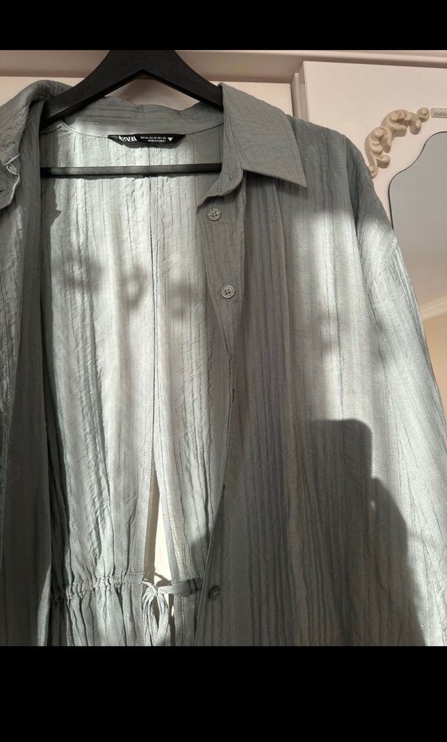 Gri Uzun Kesim Keten Kadın Gömlek - Görsel 2