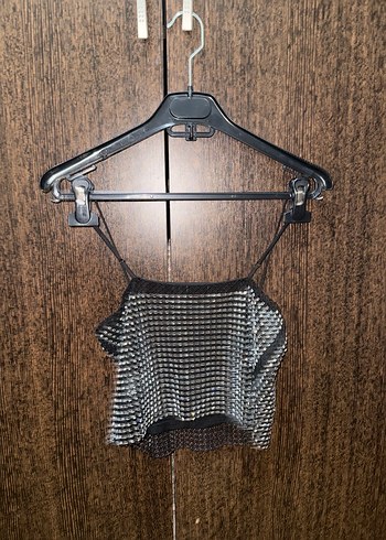 Siyah Parlak Kareli Mini Crop Top - Görsel 3