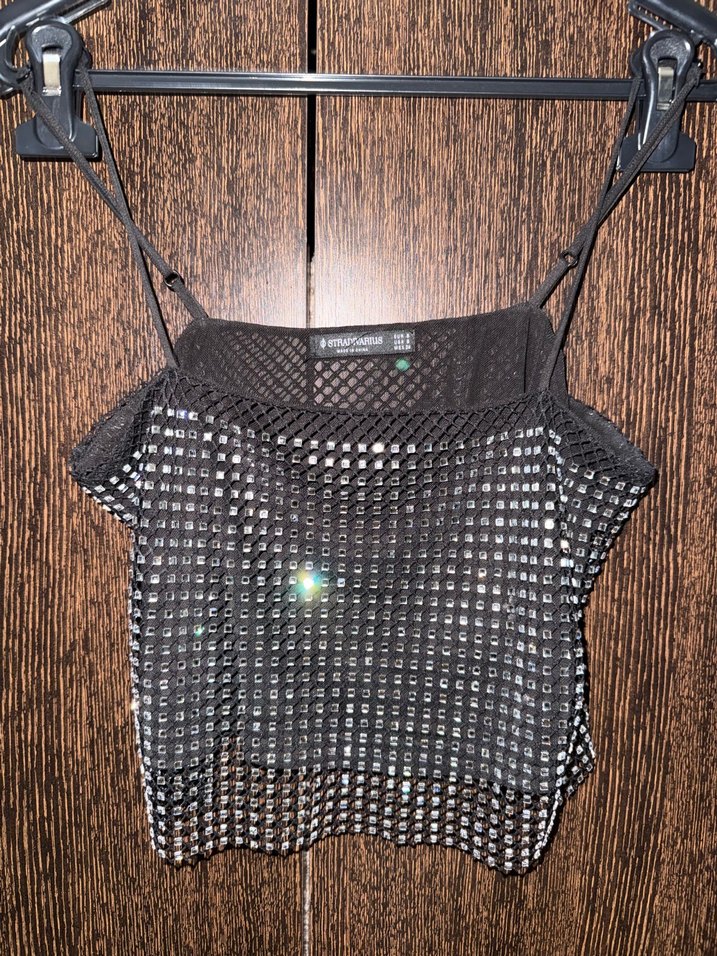 Siyah Parlak Kareli Mini Crop Top - Görsel 2