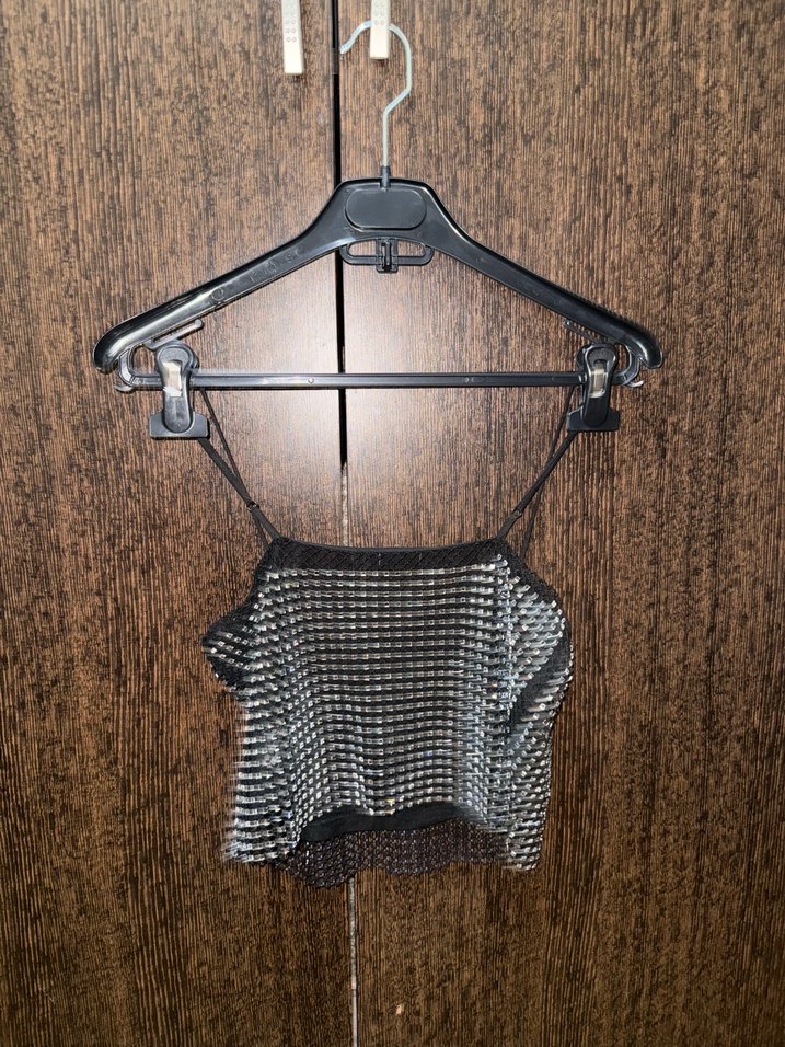 Siyah Parlak Kareli Mini Crop Top - Görsel 3