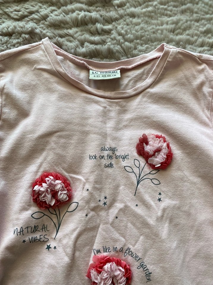 Pembe Uzun Kollu Çiçekli Kız Tişörtü - Görsel 2