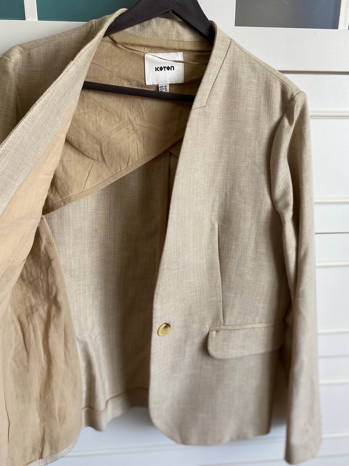 Bej Keten Kadın Blazer Ceket - Görsel 3