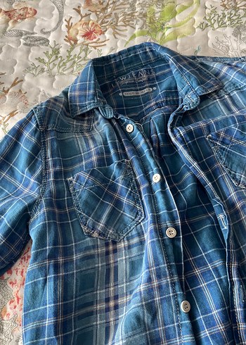 11-12 Yaş Beden Erkek Mavi Kareli Denim Gömlek