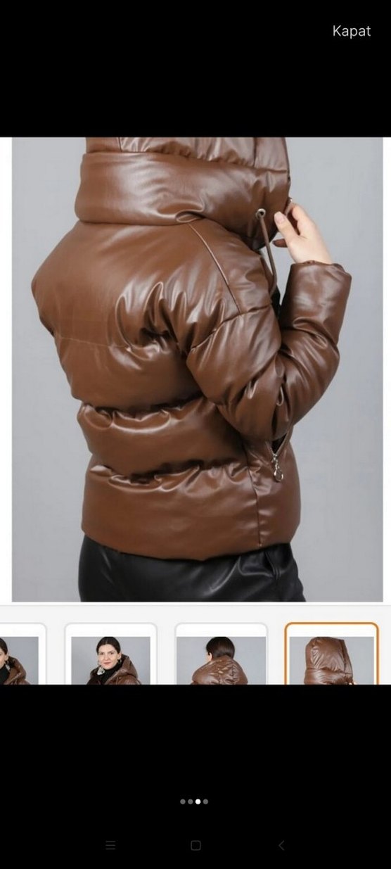 Kahverengi Deri Kadın Kışlık Kemerli Mont - Görsel 3