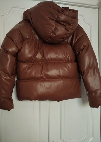 Kahverengi Deri Kapüşonlu Kadın Kışlık Mont - Görsel 2