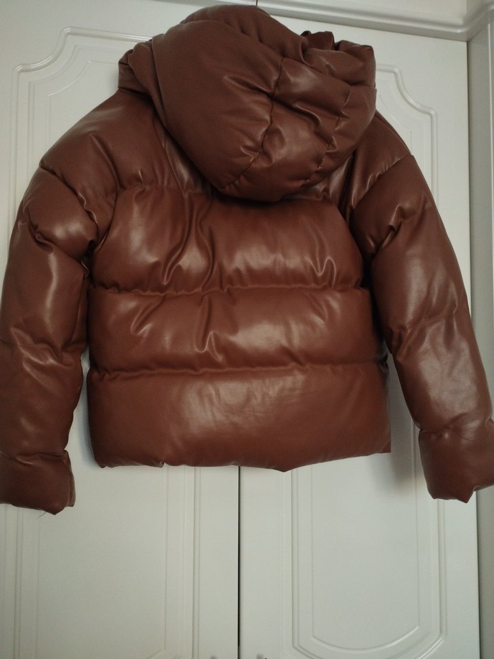 Kahverengi Deri Kapüşonlu Kadın Kışlık Mont - Görsel 2