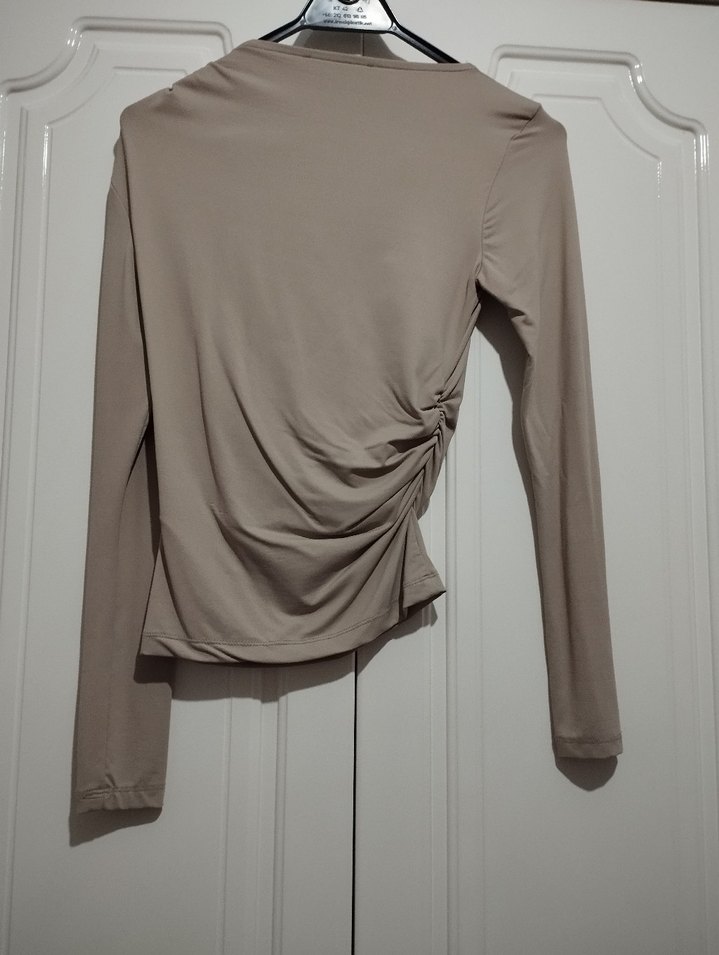 Bej Drapeli Kadın Uzun Kollu Mini Bluz - Görsel 2