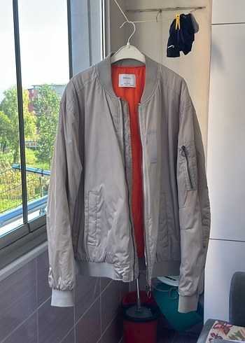Gri Erkek Bomber Ceket, Fermuarlı, Uzun Kollu