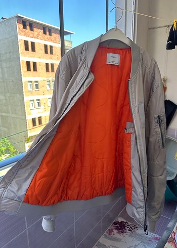 Bershka Gri Erkek Bomber Ceket, Fermuarlı, Uzun Kollu