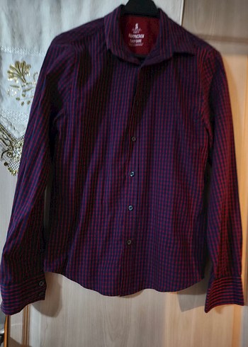 Bordo lacıvert karelı Düğmeli Erkek Gömlek - Görsel 5