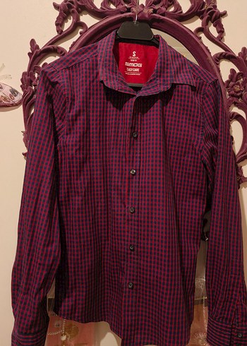 Bordo lacıvert karelı Düğmeli Erkek Gömlek - Görsel 6