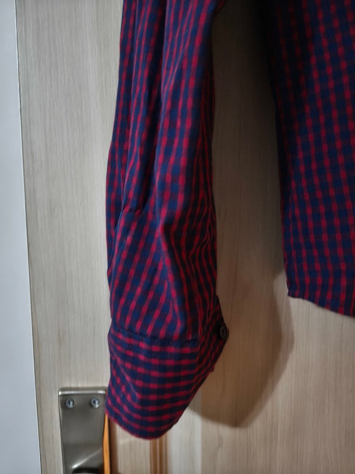 Bordo lacıvert karelı Düğmeli Erkek Gömlek - Görsel 4