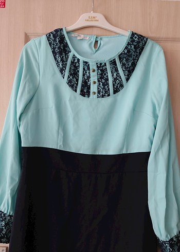 44/46 uyumlu Nakışlı Uzun Turkuaz Kadın Elbise - Görsel 2