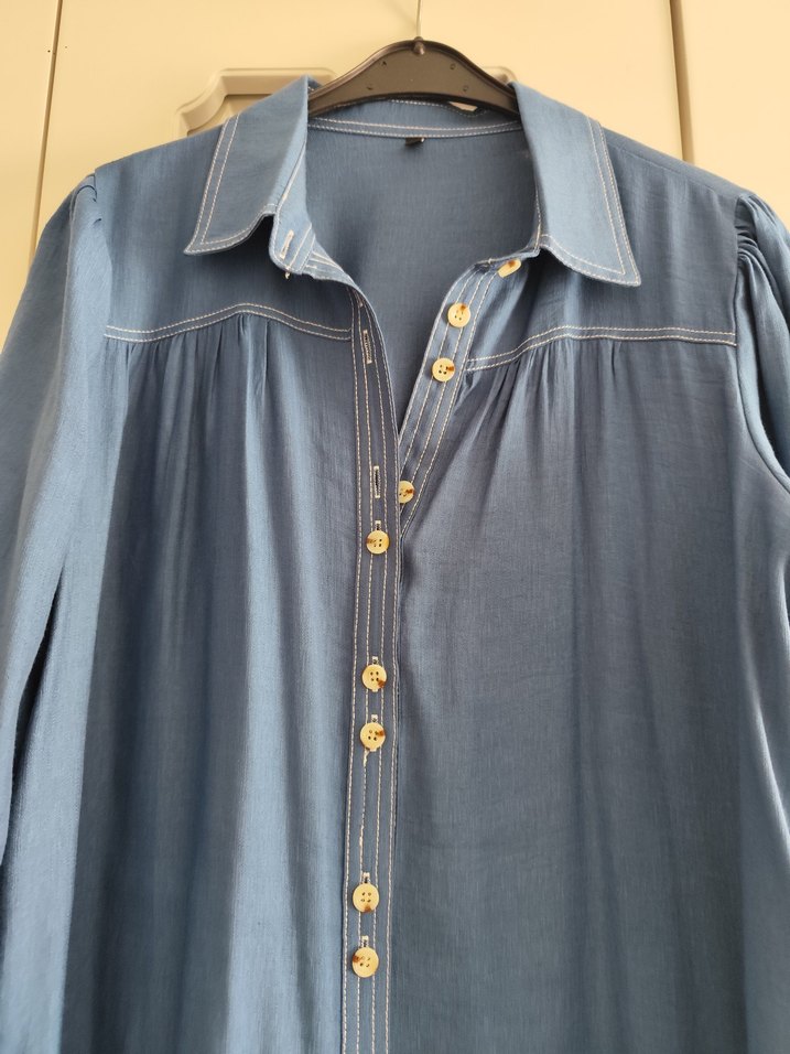 Düğmeli Uzun Kollu Mavi Tunik - Görsel 2