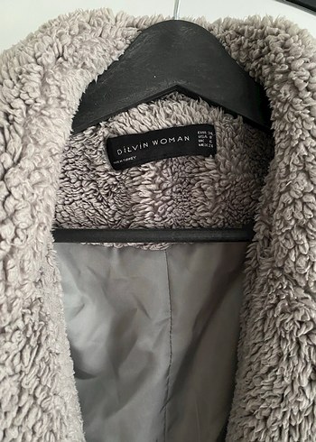 Gri Uzun Peluş Kadın Kaban - Görsel 5