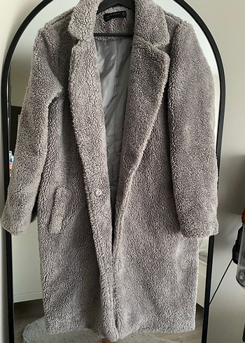 Gri Uzun Peluş Kadın Kaban - Görsel 6