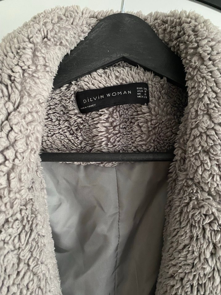 Gri Uzun Peluş Kadın Kaban - Görsel 5