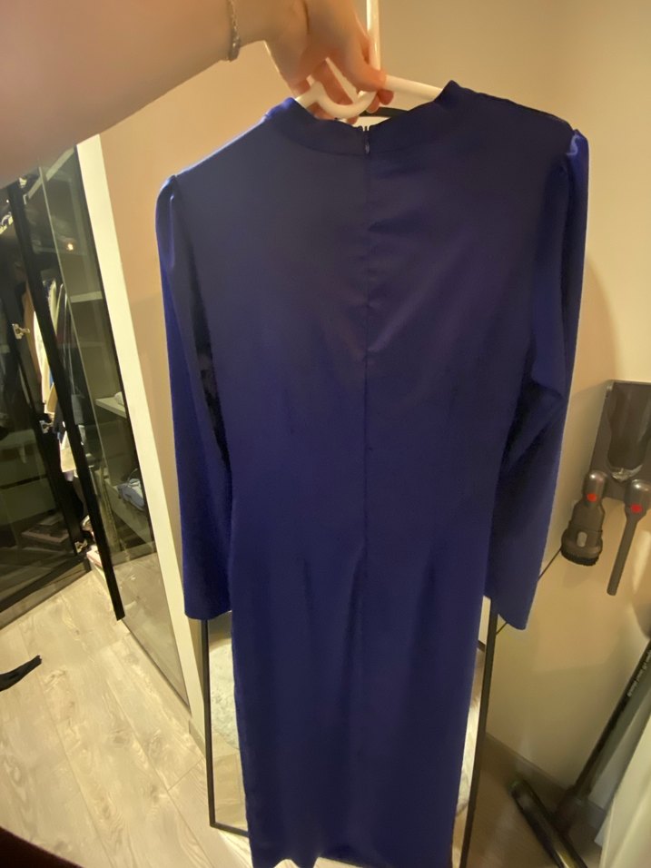 Parlak Mavi Uzun Kollu Drapeli Abiye Elbise - Görsel 3