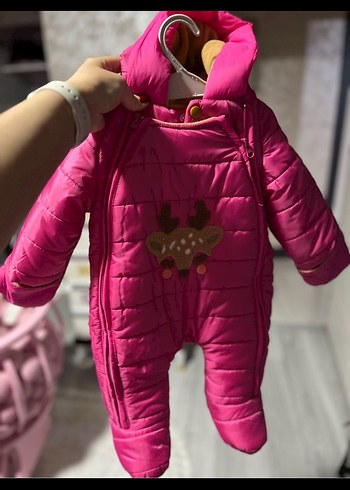 Renkli Nakışlı Kürklü Pembe Bebek Kış Tulumu