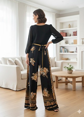 Siyah Çiçekli Kemerli Kadın Bol Tulum - Görsel 2