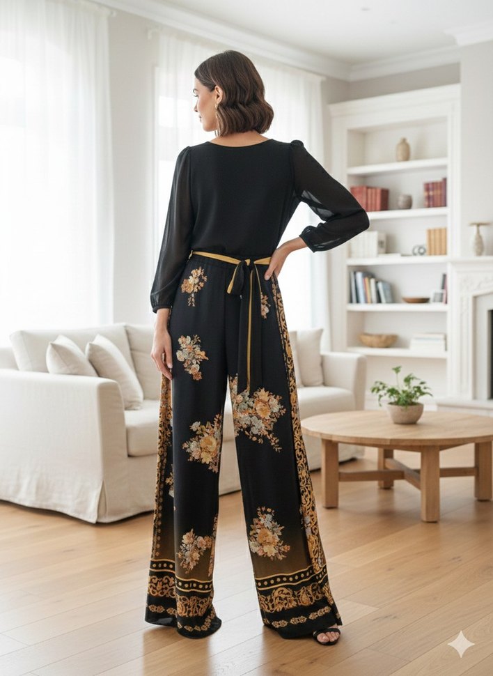 Siyah Çiçekli Kemerli Kadın Bol Tulum - Görsel 2