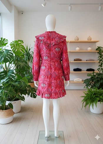 Uzun Kollu Bohem Kırmızı Pembe Midi Elbise - Görsel 2