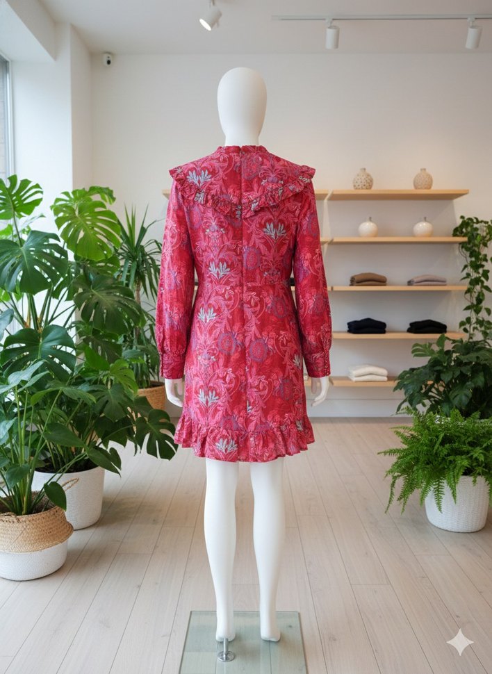 Uzun Kollu Bohem Kırmızı Pembe Midi Elbise - Görsel 2