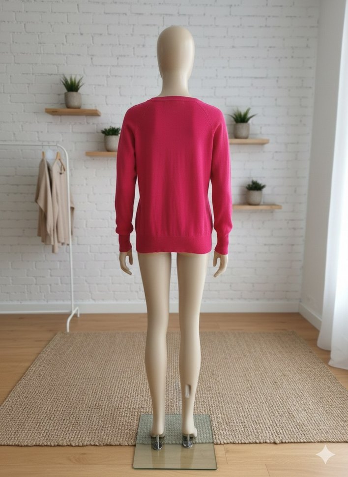 Pembe V Yakalı Salaş Kadın Triko Kazak - Görsel 2