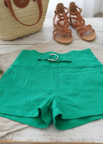 Düğmeli Yeşil Yüksek Bel Mini Şort - Görsel 2
