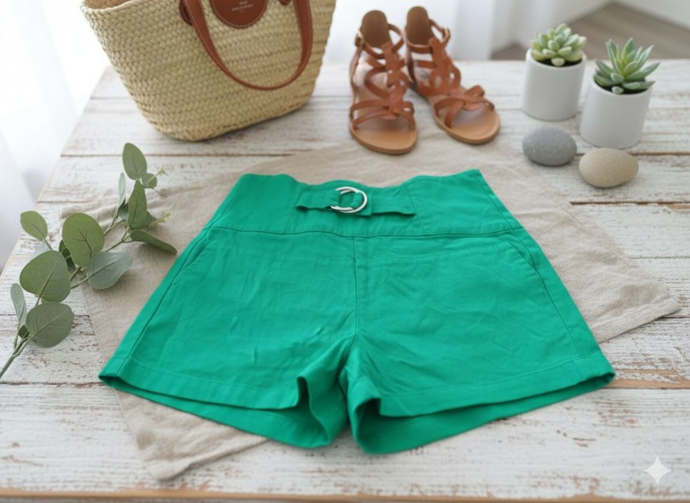 Düğmeli Yeşil Yüksek Bel Mini Şort - Görsel 2