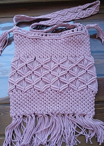 Pembe Bohem Dantel Örgü Kadın Çanta
