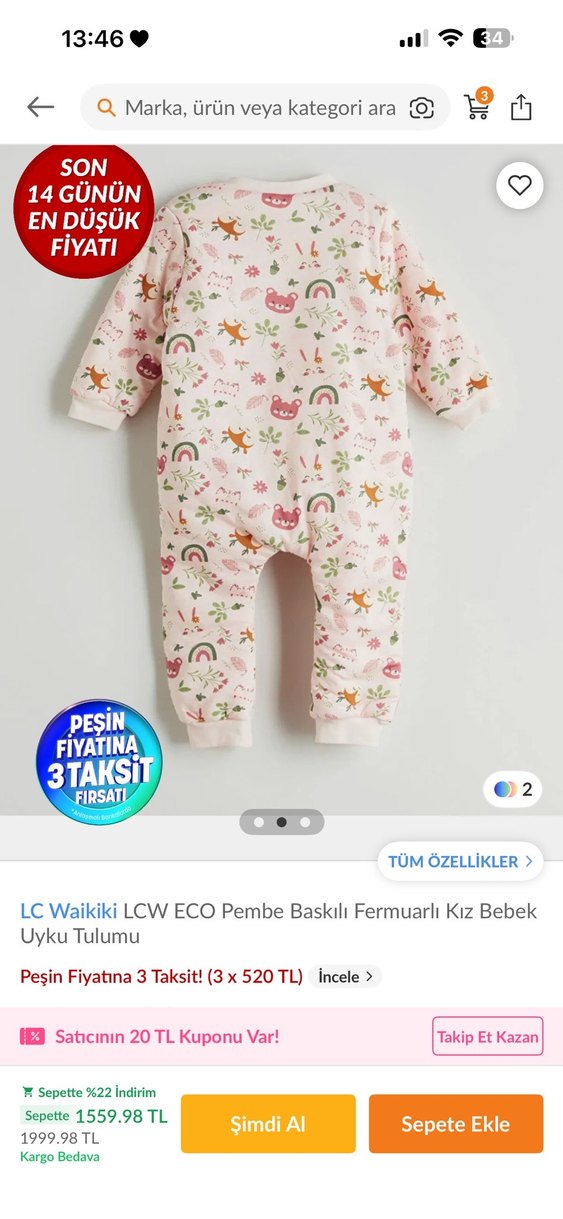 2.5 tog LC Waikiki Pembe Baskılı Fermuarlı Kız Bebek Uyku Tulumu - Görsel 2