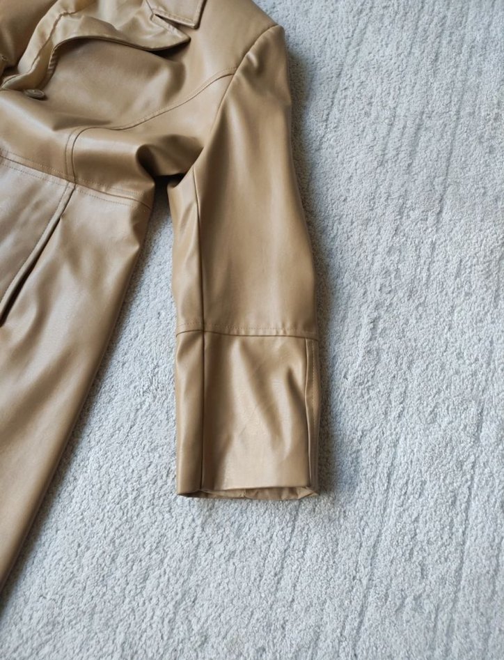 Bej Kadın Deri Uzun Ceket - Görsel 3