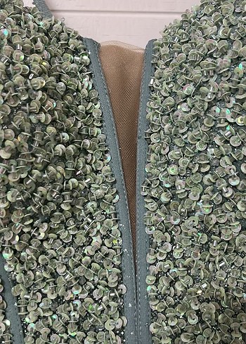 Straplez İşlemeli Yeşil Uzun Abiye Elbise - Görsel 5