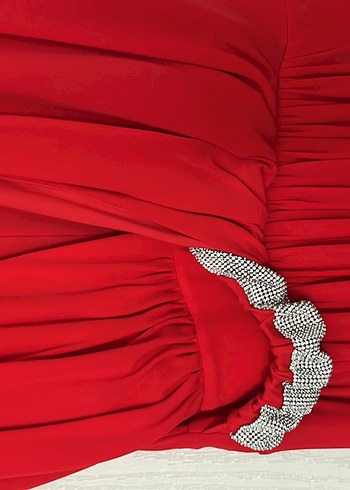 Kırmızı Drapeli Uzun Abiye Elbise - Görsel 3