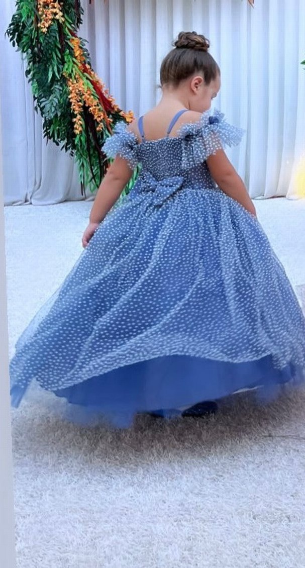 Mavi Nakışlı Fırfırlı Çocuk Abiye Elbise - Görsel 2